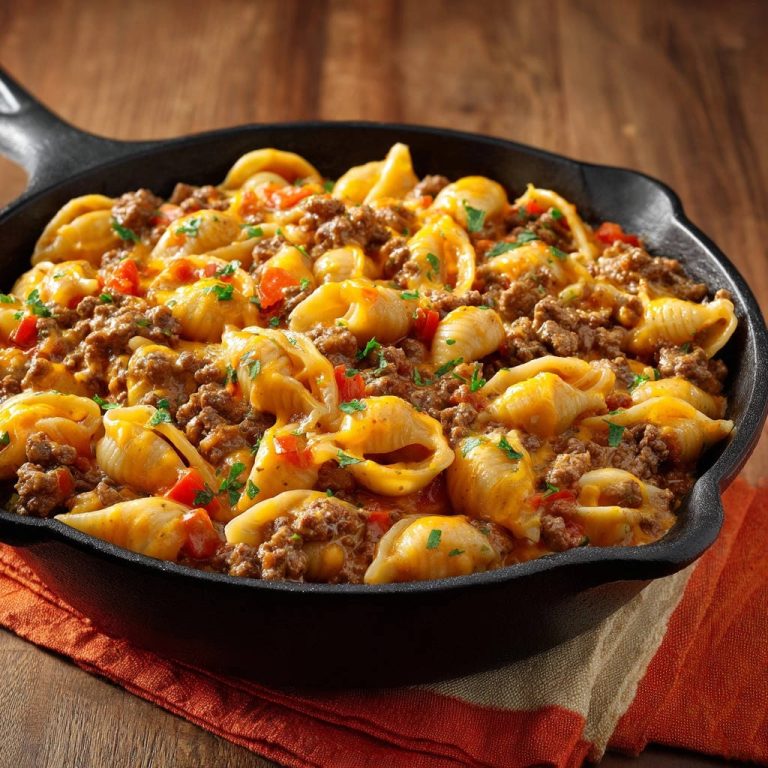 Cheesy beef & shells skillet served in a cast iron pan, showing a close-up view of the pasta and meat mixture.