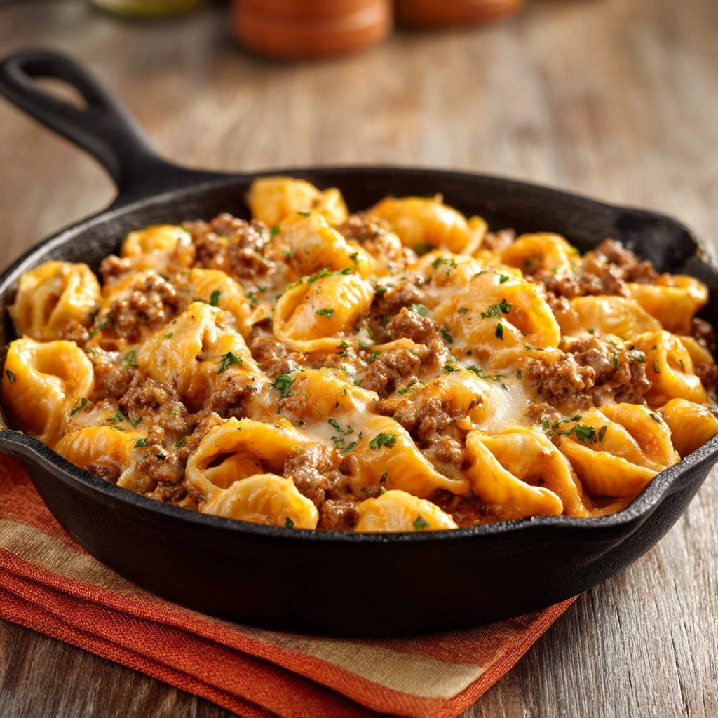 Cheesy beef and shells skillet shown from a side view, highlighting the rich, saucy pasta and ground beef mixture.
