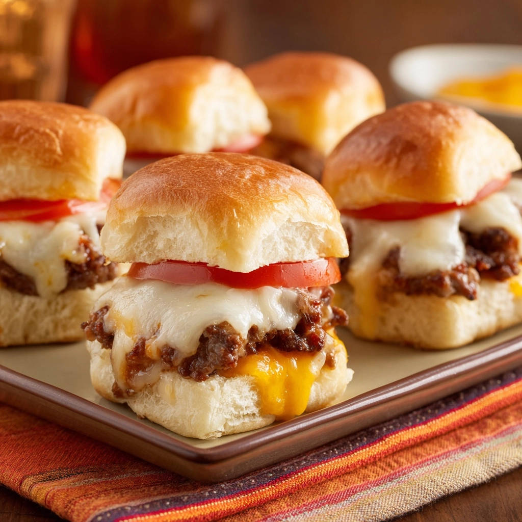 Cheesy beef sliders with melted cheese oozing out, presented on a plate with a colorful napkin.
