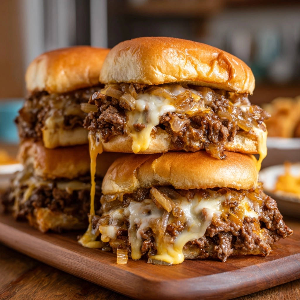 Ultimate cheesy beef sliders stacked high, with gooey melted cheese oozing down the sides.