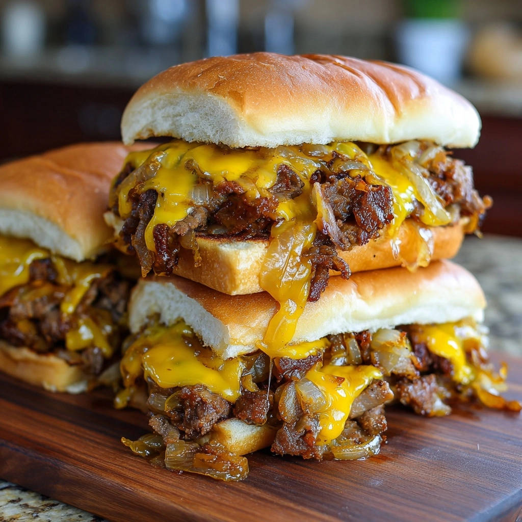 Ultimate Cheesy Beef Sliders stacked on a wooden board, showcasing melted cheese and tender beef.