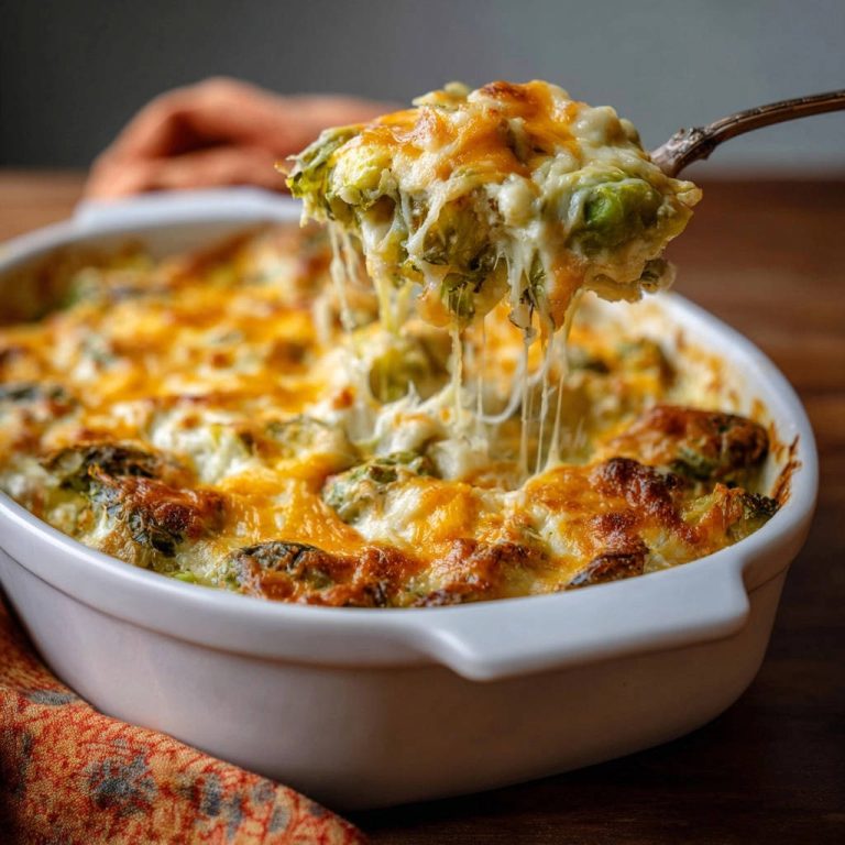 Cheesy broccoli bake with a spoonful being lifted, showing a gooey cheese pull and golden-brown topping.