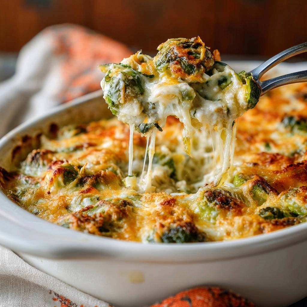 Cheesy broccoli bake with a spoonful of melted cheese stretching from the serving utensil.
