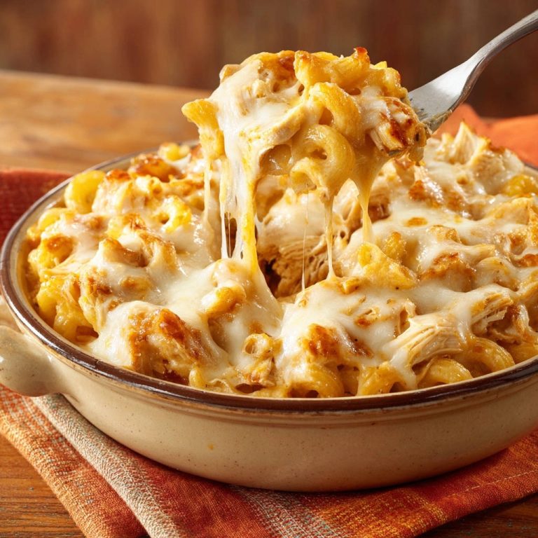 Cheesy chicken mac bake with a fork lifting a portion showing a dramatic cheese pull.