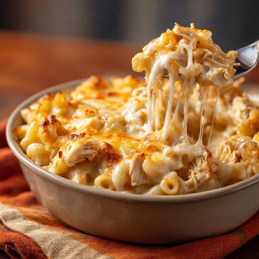 Cheesy chicken mac bake with a forkful showing a dramatic cheese pull, highlighting the creamy texture.