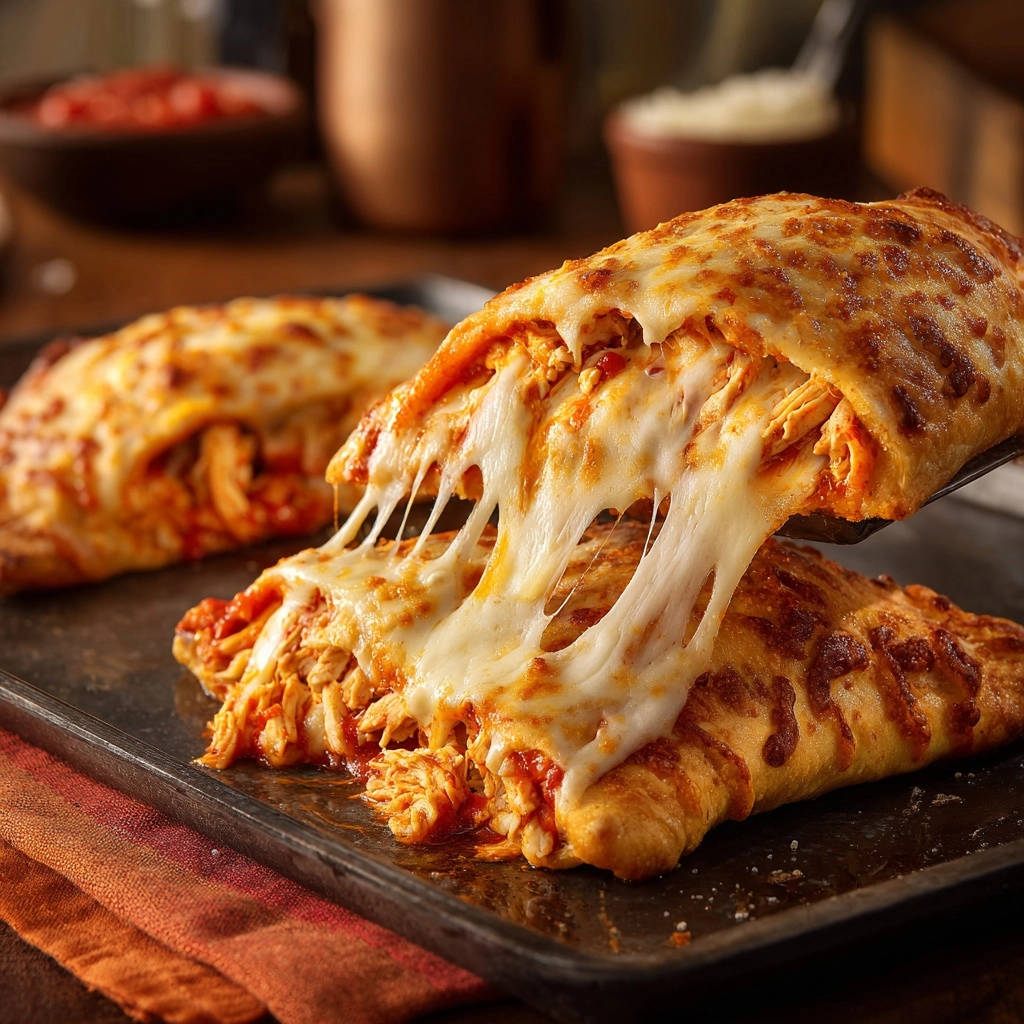 Cheesy chicken pockets featuring a gooey cheese pull, a close-up of the pulled mozzarella and shredded chicken filling.