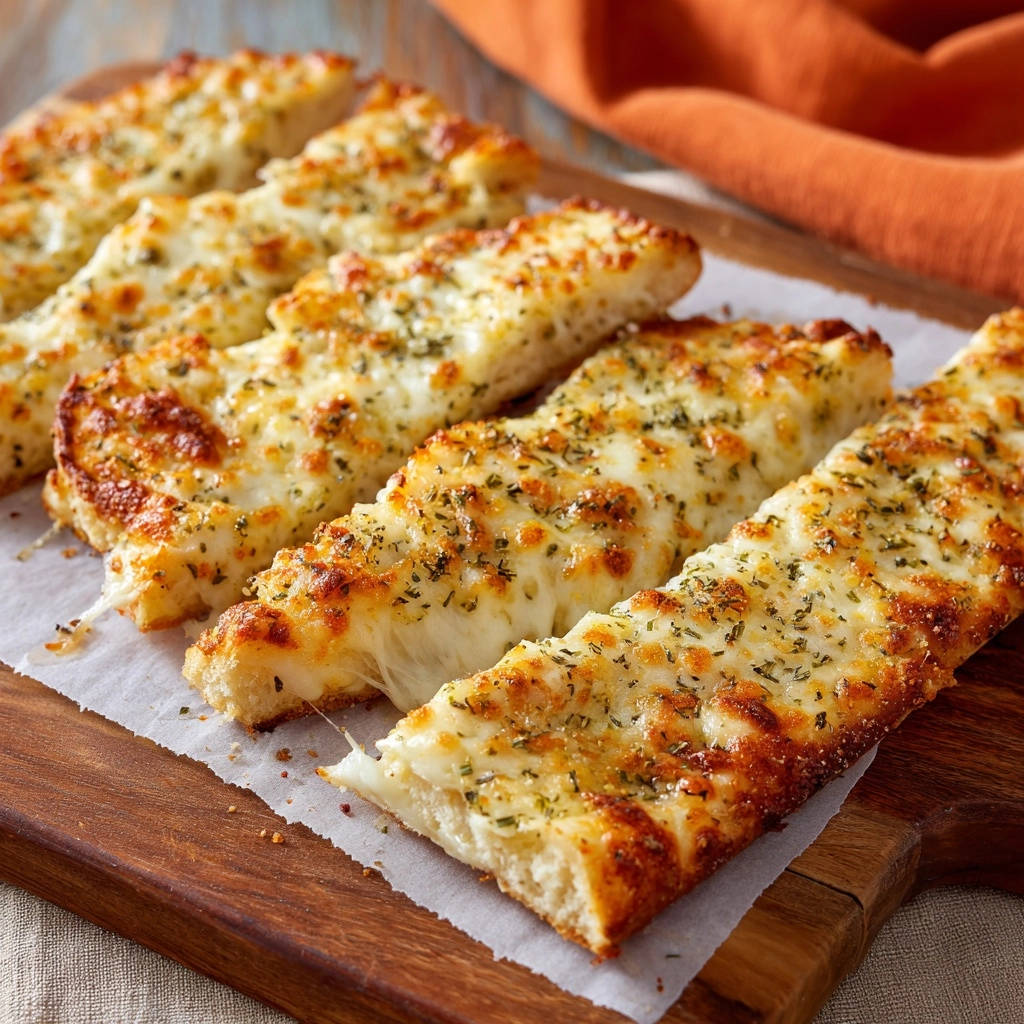 Cheesy garlic bread with a gooey stretch, showcasing melted mozzarella and herbs on a wooden board.