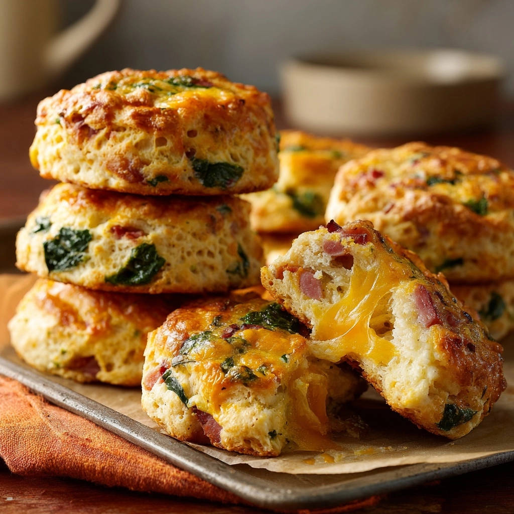 Cheesy ham & spinach breakfast bites shown in a close-up cross-section, revealing melted cheddar cheese and ham.