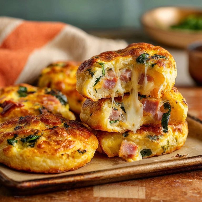 Cheesy ham & spinach breakfast bites showing a gooey cheese pull, highlighting the fluffy interior and savory ingredients.