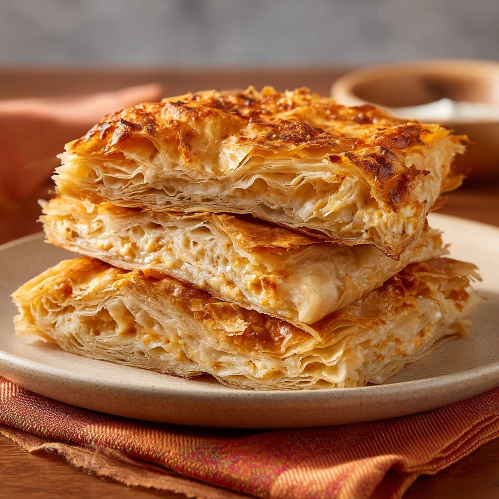 Cheesy layered pastry cross-section showing flaky dough and rich filling, stacked on a plate.