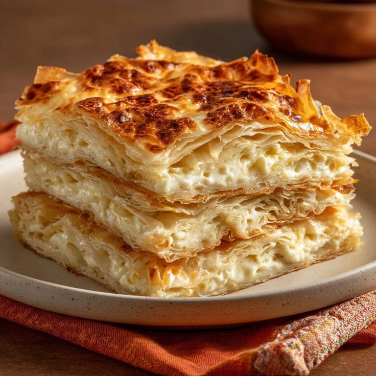 Cheesy layered pastry shown in a close-up cross-section, revealing its flaky layers and creamy filling.