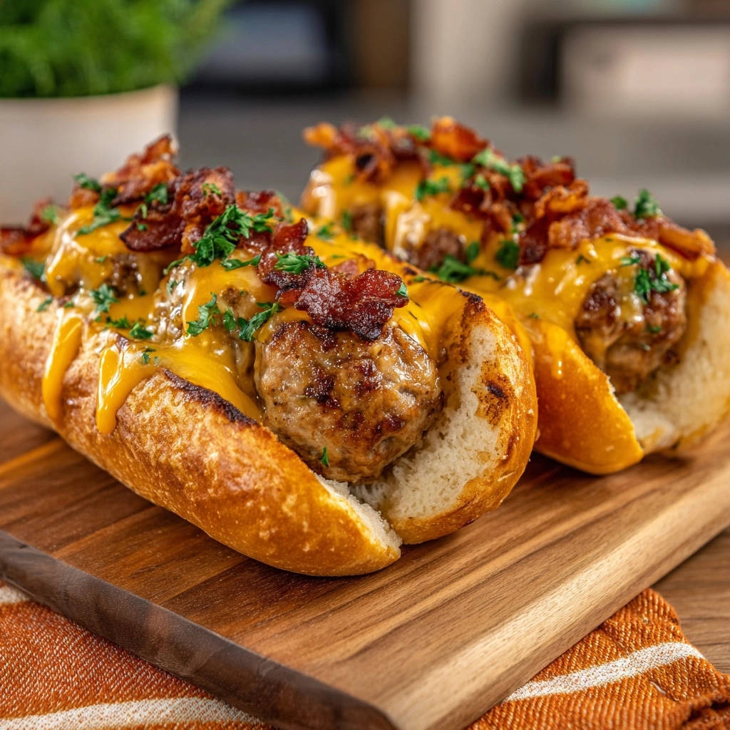 Cheesy meatball subs with melted cheddar cheese and crispy bacon bits on a toasted bun.
