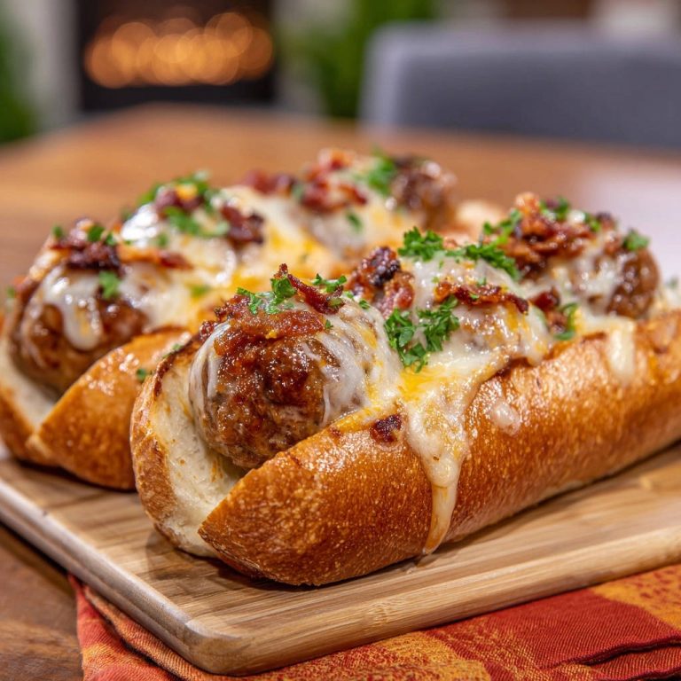 Cheesy meatball subs with melted mozzarella cheese and crispy bacon on a wooden board.