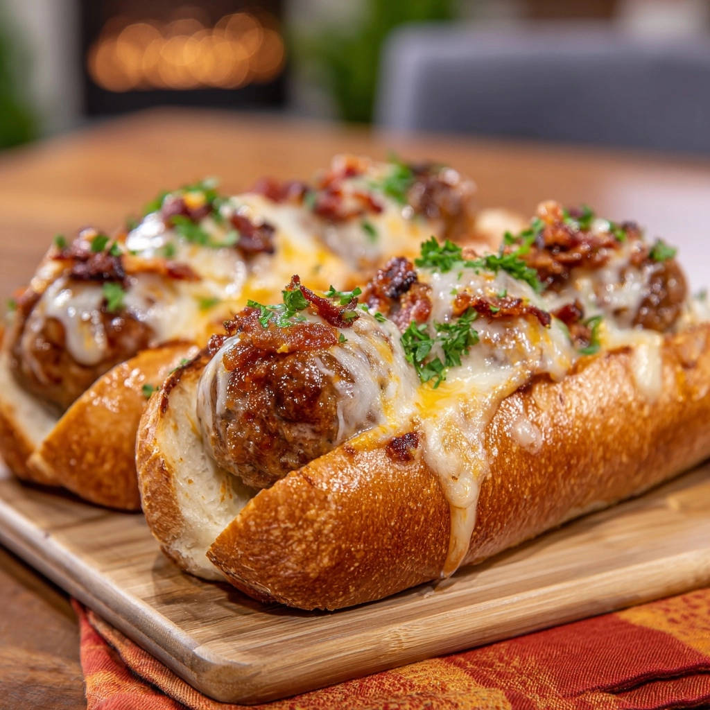 Cheesy meatball subs with melted mozzarella cheese and crispy bacon on a wooden board.