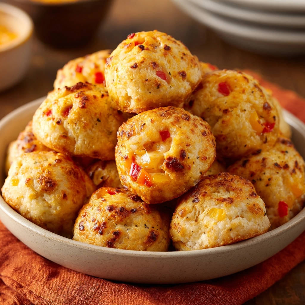 Cheesy pepper bites are piled high in a bowl, showing their golden-brown, tender texture and visible red and yellow pepper pieces.