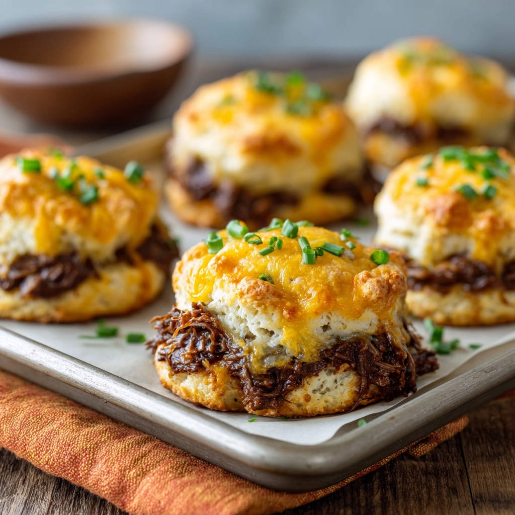 Cheesy pulled beef sliders featuring a close-up view of melted cheddar cheese and fresh chives on top.