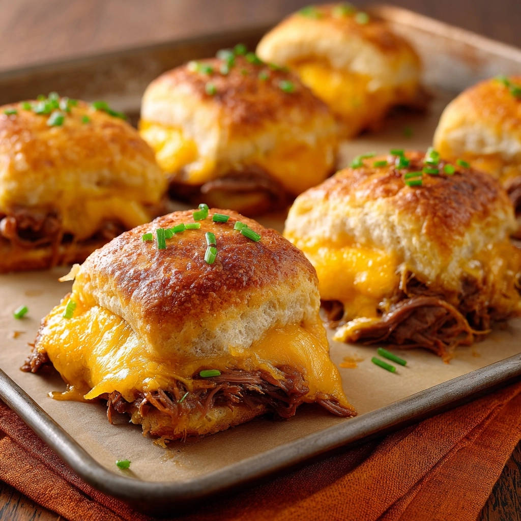 Cheesy pulled beef sliders with melted cheddar cheese and a chive garnish on a baking sheet.