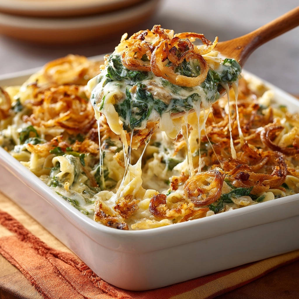 Cheesy spinach noodle casserole showing a gooey cheese pull with fried onions on top.