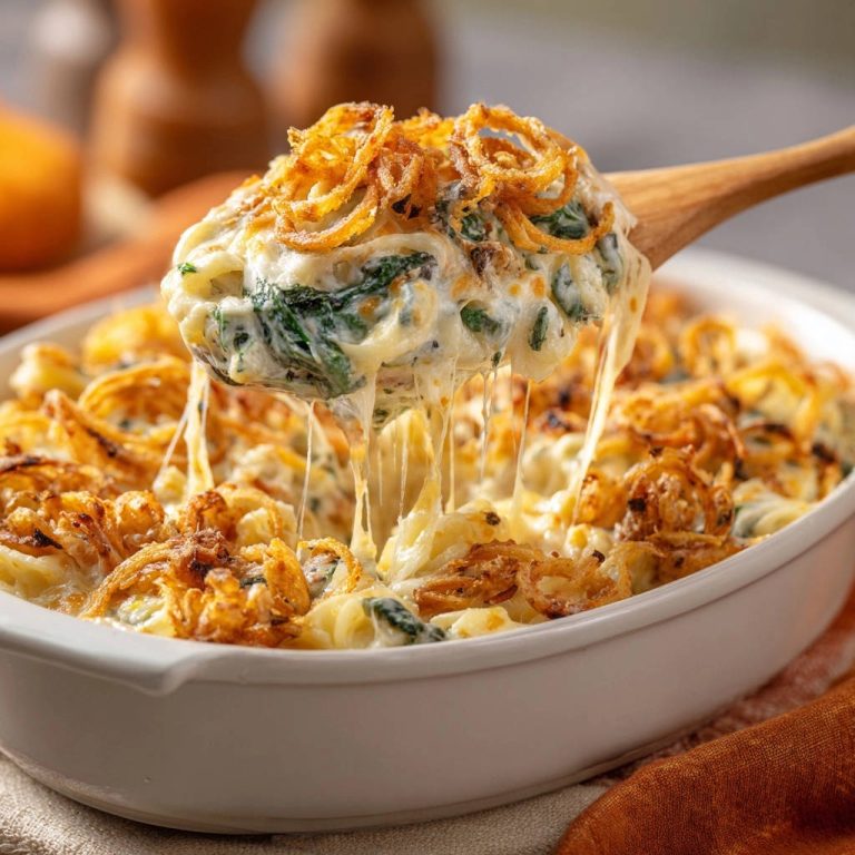 Cheesy spinach noodle casserole with a gooey cheese pull being lifted by a wooden spoon, topped with fried onions.
