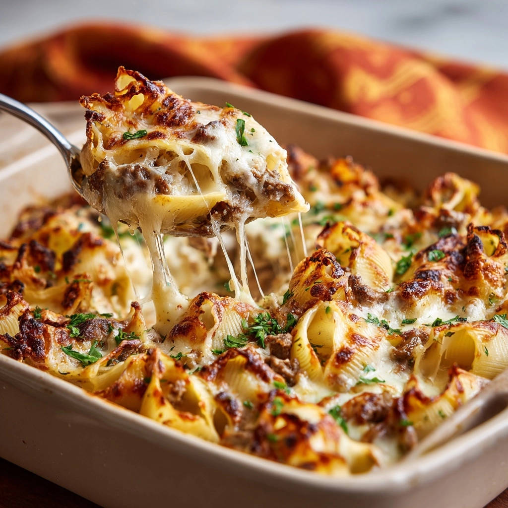Cheesy stuffed shells, with a spoonful being lifted, showcasing gooey melted mozzarella cheese stretching between the pasta.