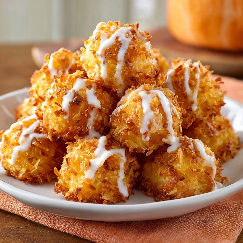 Chewy coconut macaroons drizzled with white glaze, piled on a white plate with an orange napkin.