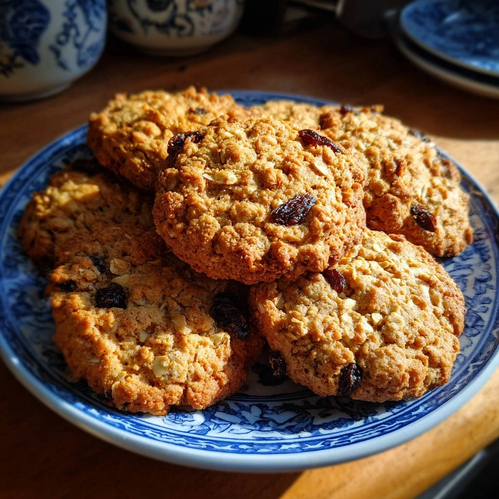 Chewy oatmeal raisin cookies piled high on a blue and white patterned plate, showcasing their textured surfaces.