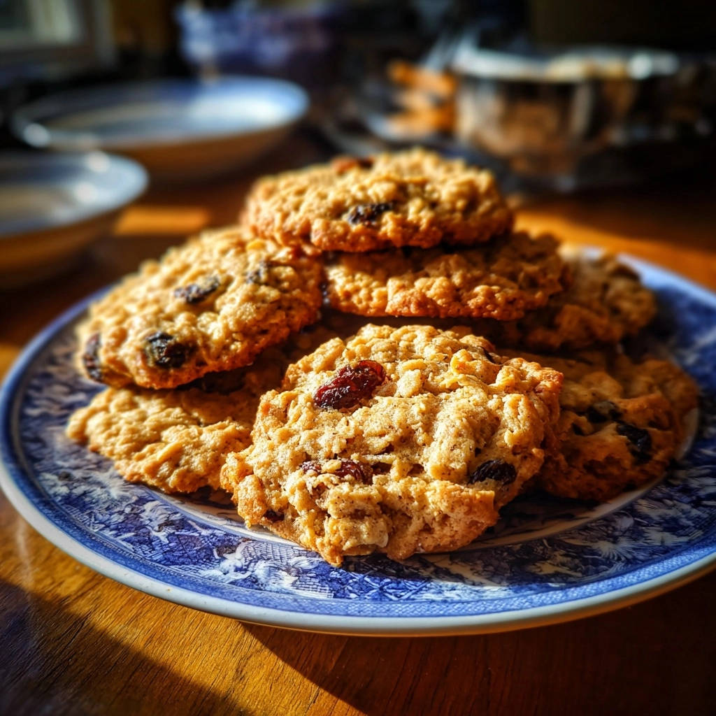 Chewy oatmeal raisin cookies stacked on a blue and white patterned plate, showcasing their textured surface.