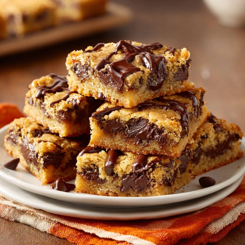 Chewy pumpkin chocolate chip blondies stacked on a plate, showcasing their rich chocolate chips and drizzled topping.