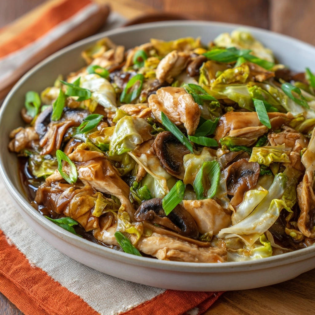 Homestyle chicken & cabbage skillet featuring a thick sauce and garnished with fresh green onions.