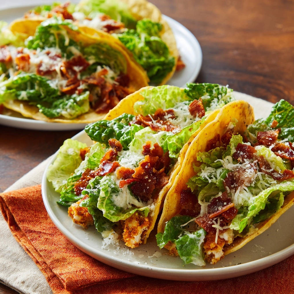 Chicken Caesar tacos served on a plate with romaine lettuce, bacon, and parmesan cheese, showcasing a close-up view.