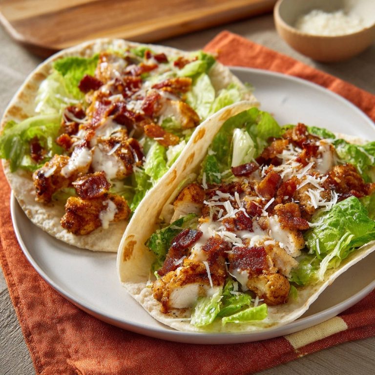 Chicken Caesar tacos with lettuce, bacon, and cheese shown plated on a white dish with an orange napkin.
