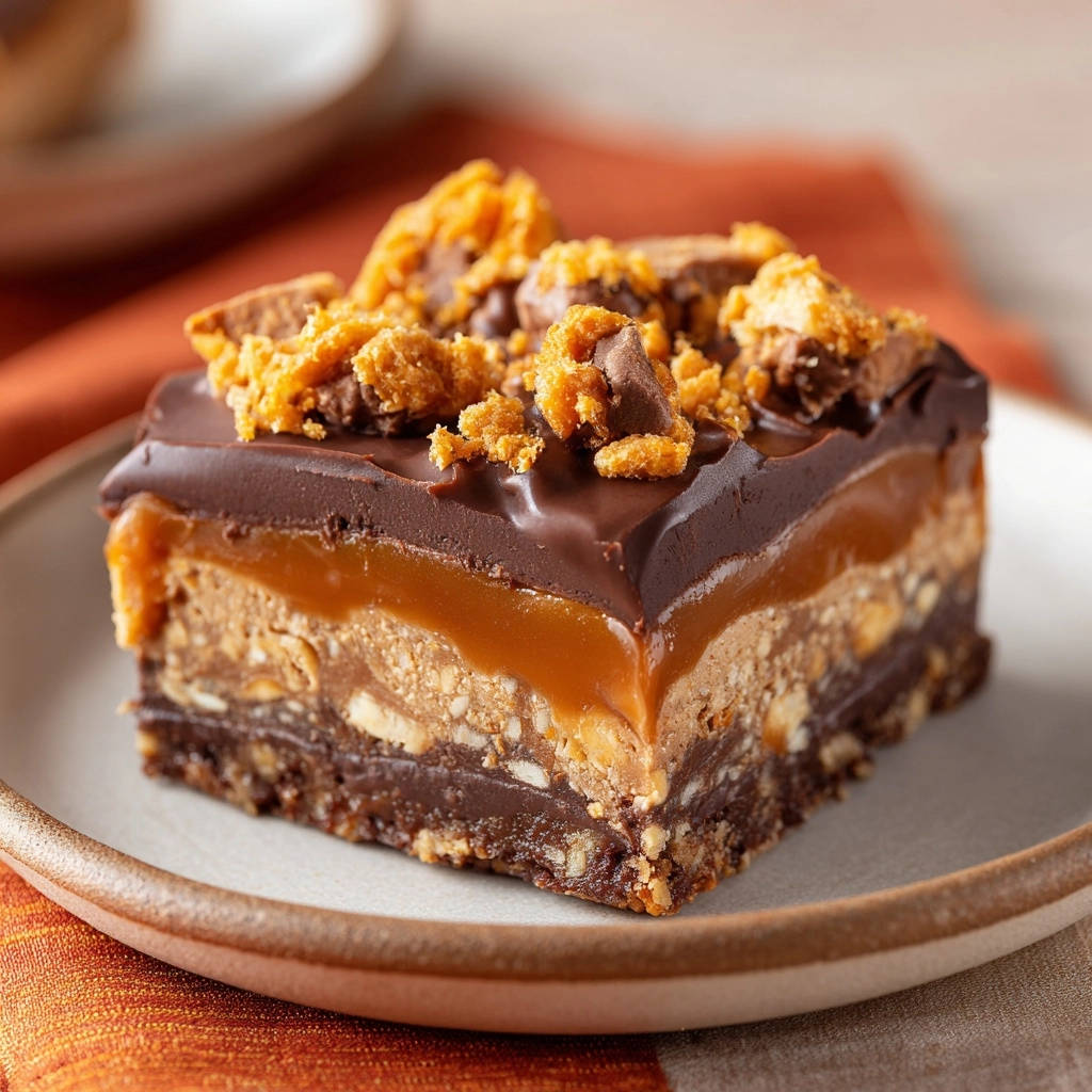 Decadent chocolate caramel peanut butter bars showing a rich cross-section of layers with a crumbly topping.