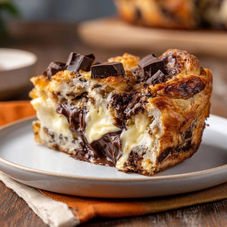 Decadent chocolate & cream cheese bread pudding slice showing a gooey melted chocolate interior.