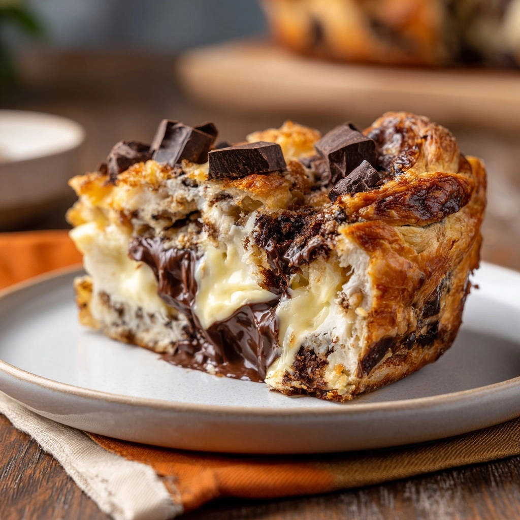 Decadent chocolate & cream cheese bread pudding slice showing a gooey melted chocolate interior.