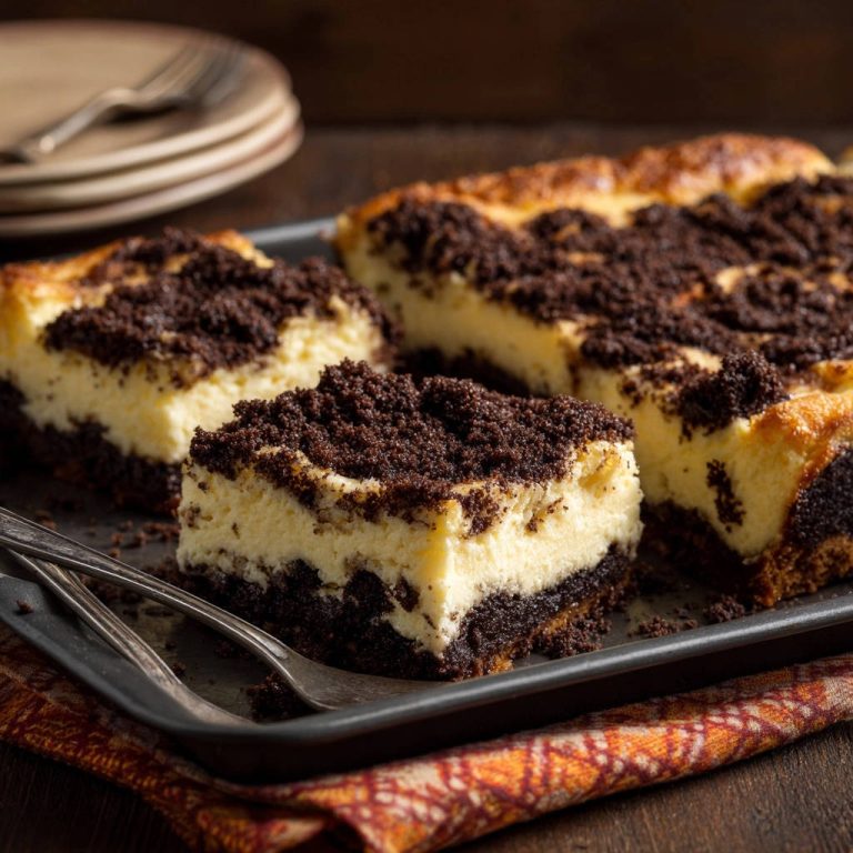 Chocolate crumb cheesecake bars with a creamy interior shown in a close-up slice on a baking tray.