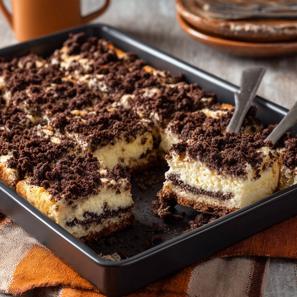 Chocolate crumb cheesecake bars showing a detailed cross-section of the layers in a baking pan.