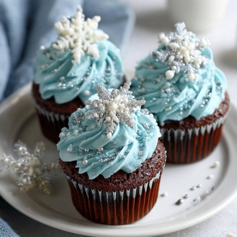Chocolate snowflake cupcakes with light blue frosting and sparkling snowflake toppers, close-up view.
