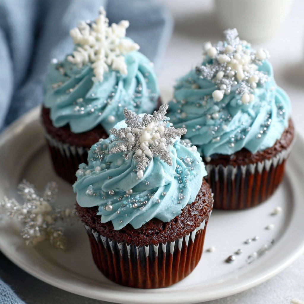 Chocolate snowflake cupcakes with light blue frosting and sparkling snowflake toppers, close-up view.