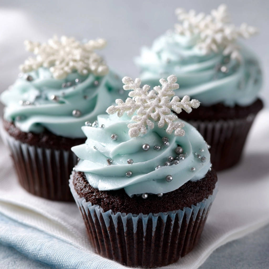 Chocolate snowflake cupcakes adorned with delicate sugar snowflakes and silver sprinkles, presented on a white cloth.
