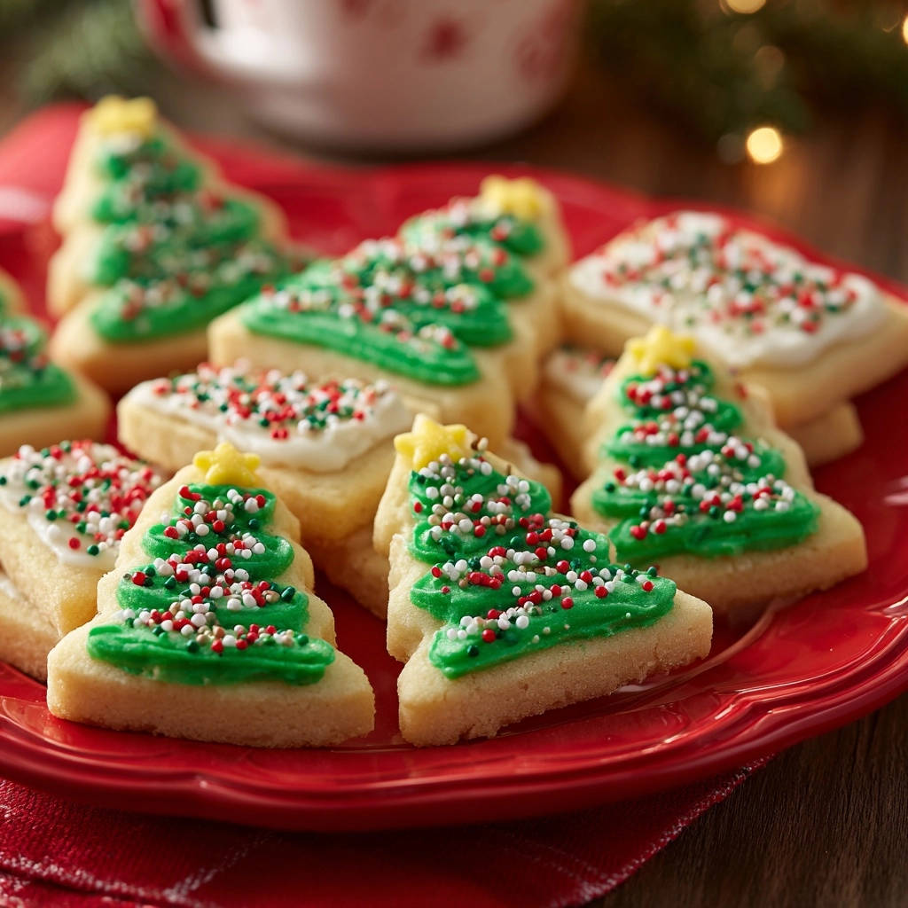 Christmas shortbread fingers decorated as festive green trees with colorful sprinkles, arranged on a red plate.