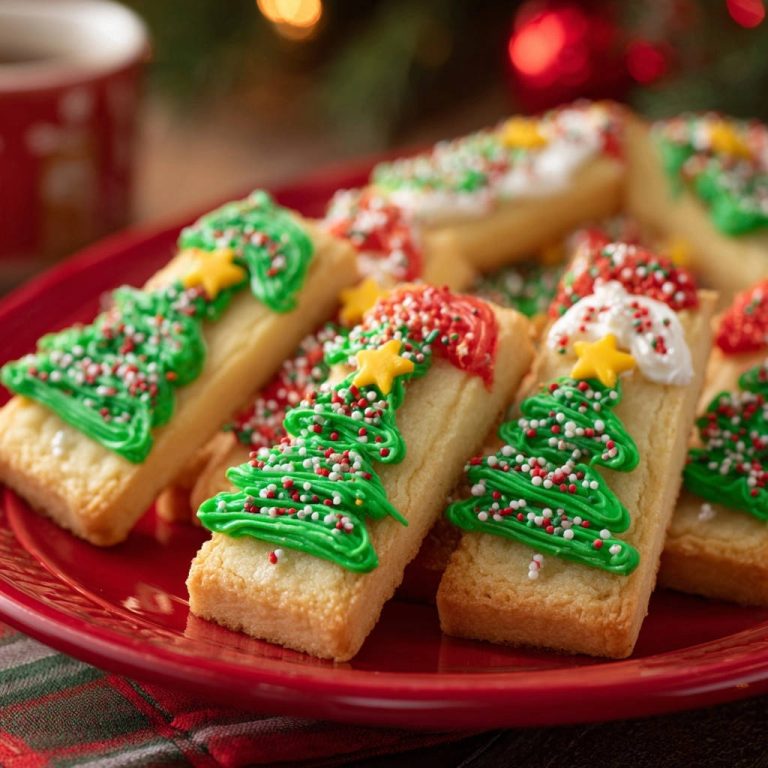 Christmas shortbread fingers decorated with green icing trees and festive sprinkles, arranged on a red plate.