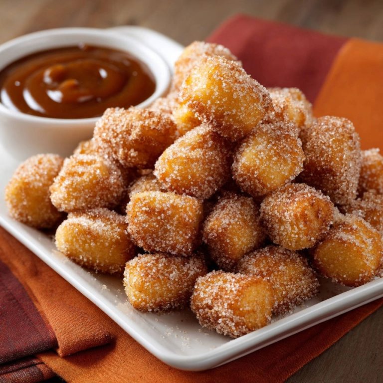Churro bites piled high on a white plate with a caramel dipping sauce on the side.