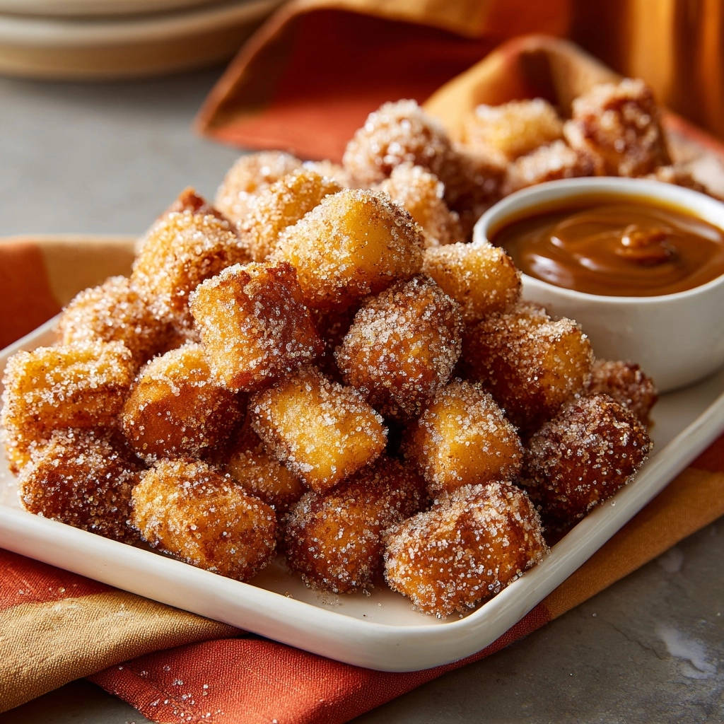 Churro bites dusted with sugar and served with a side of caramel dipping sauce in a white bowl.