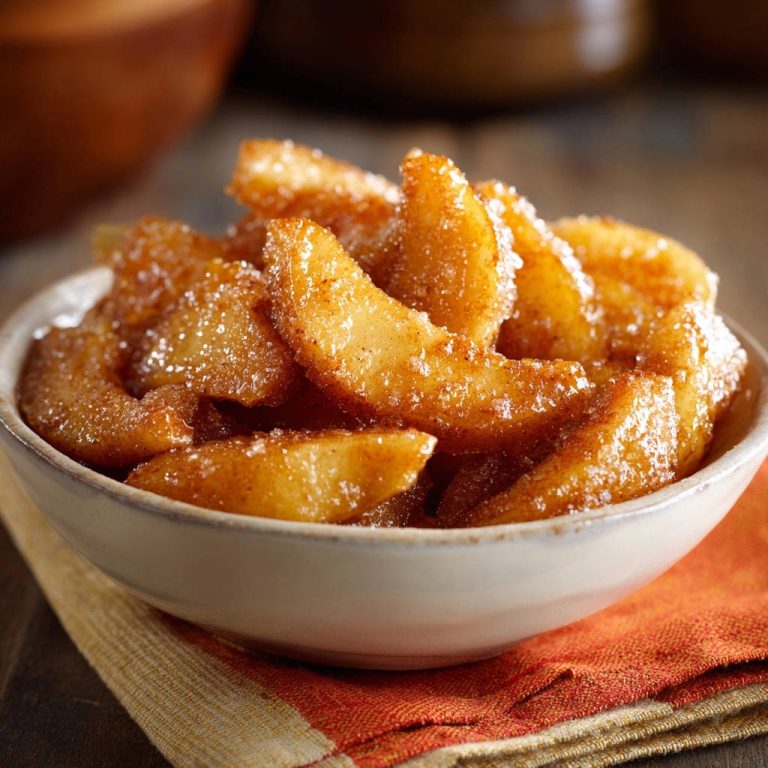 Cinnamon sugar apples shown in a close-up view within a serving bowl, glistening with sugar and spice.