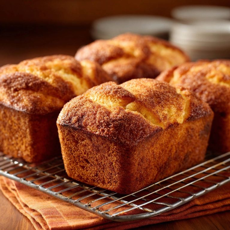 Cinnamon sugar mini loaves cooling on a wire rack, showcasing their golden-brown crust and cinnamon-sugar topping.