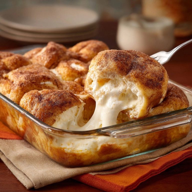 Cinnamon sugar pull-apart rolls with a fork lifting one to reveal its gooey, creamy interior.