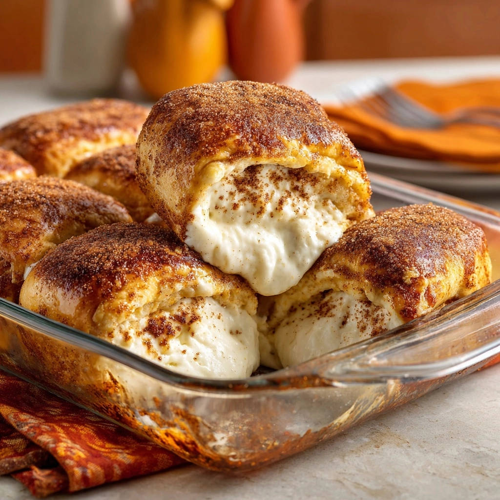 Cinnamon Sugar Pull-Apart Rolls showing a gooey, creamy interior in a close-up baked dish.