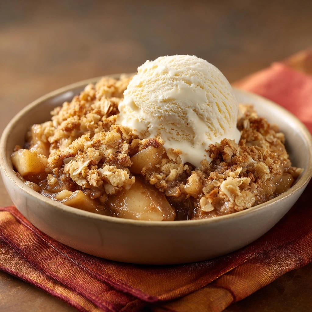 Classic apple crisp with a generous scoop of vanilla ice cream melting over the warm topping.