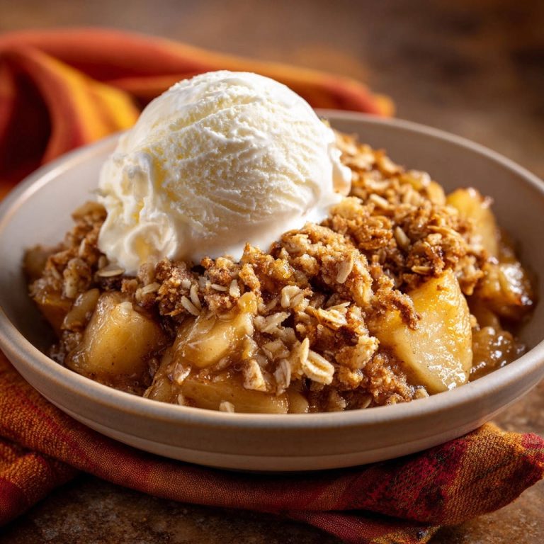 Classic apple crisp topped with a generous scoop of vanilla ice cream, showcasing its textured crumble.