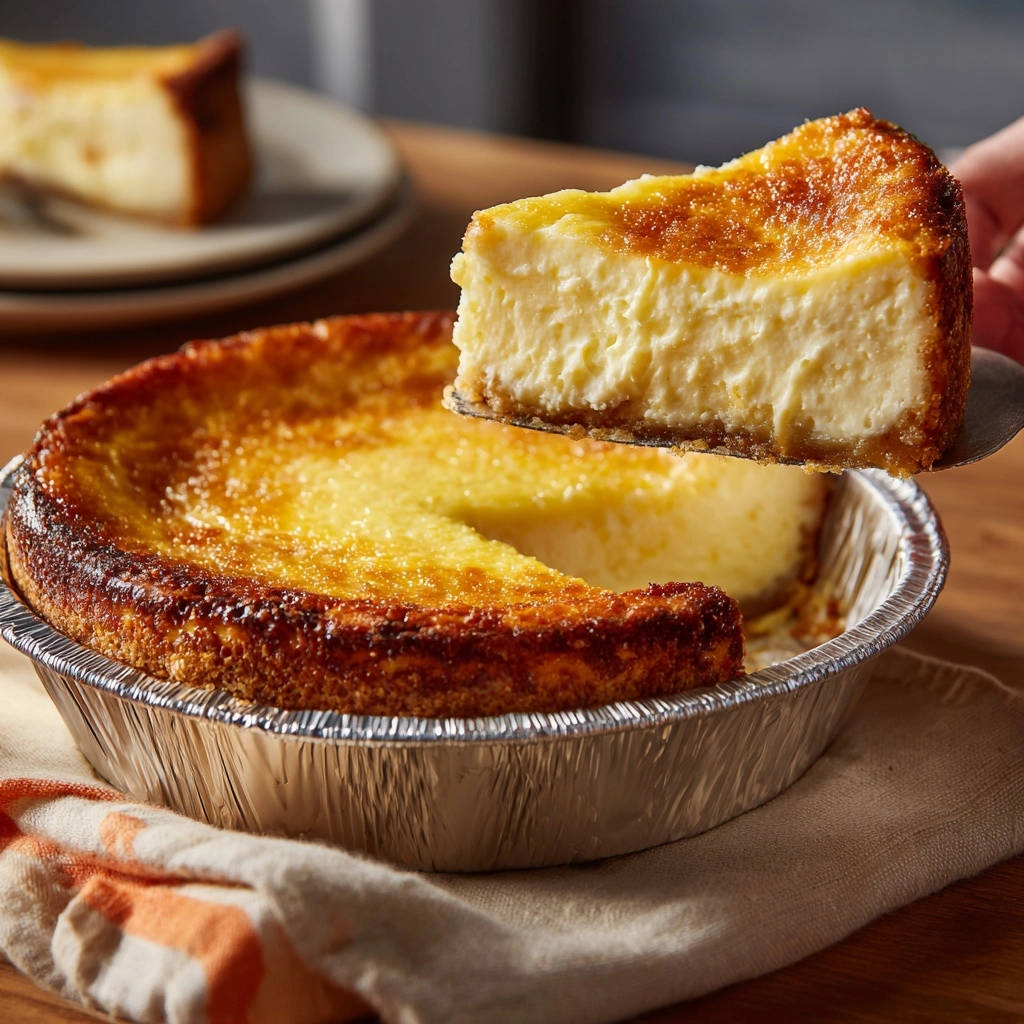 Classic baked cheesecake with a slice being lifted to reveal its smooth, crack-free interior and golden crust.